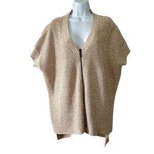 Express Women's Tan & White V-Neck Zip Front Short Sleeve Cardigan Sweater- O/S